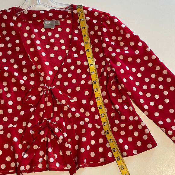 ASOS Design Polka Dot Cropped Top Womens Size 6 Red White Tie Front Blouse - Picture 11 of 11